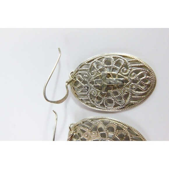 Pre-owned Oval Pierced Plaque Dangle Earrings in Sterling Silver 1 5/8" Drop - Picture 2 of 10